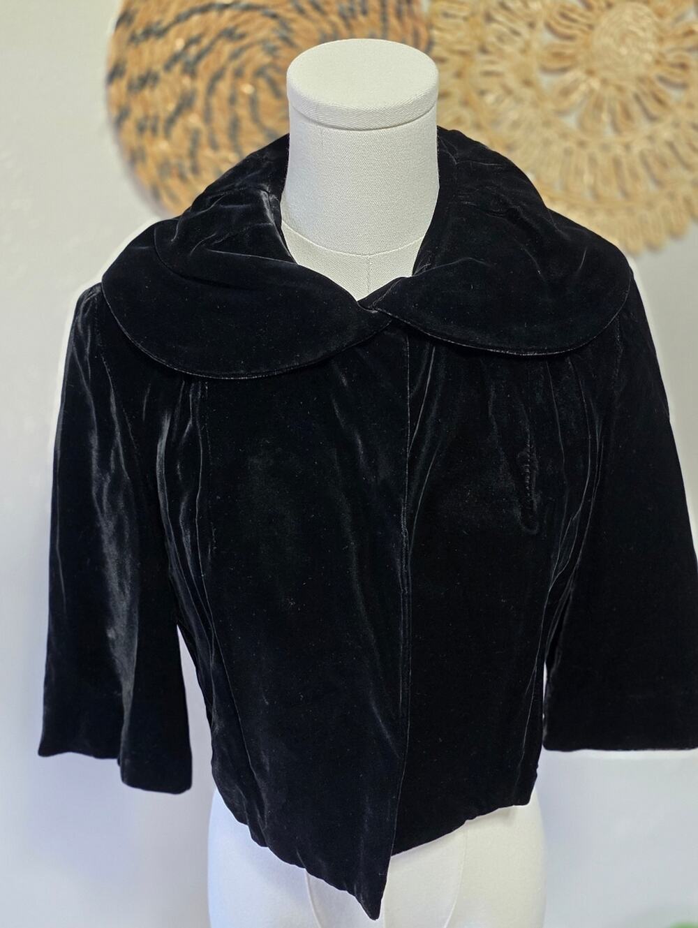 Black Velvet Vintage Union Made Cropped Peter Pan Collar Jacket S Jackie O